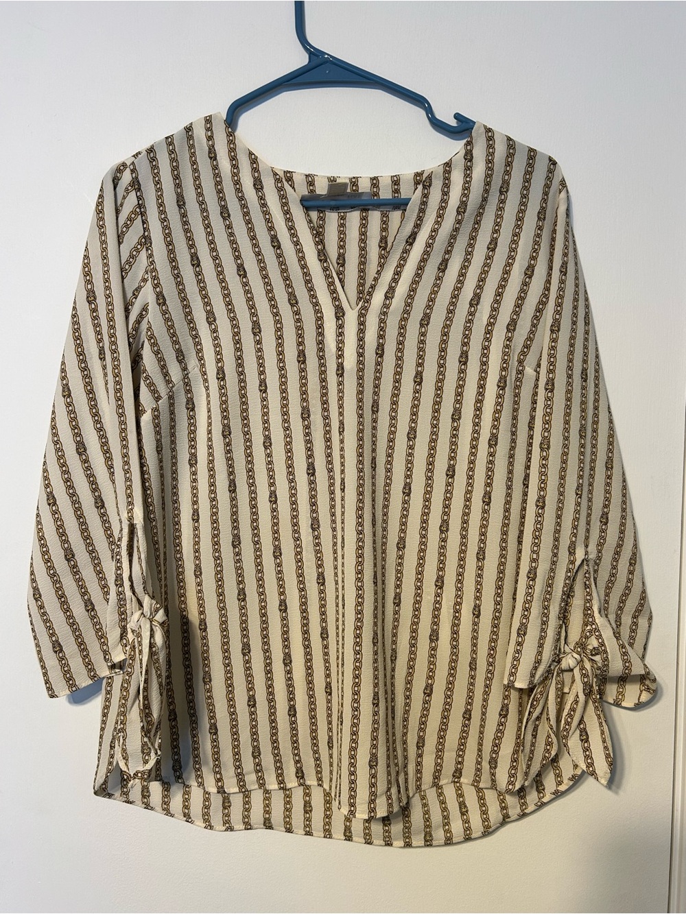 Michael Kors Cream Blouse with Brown Chain-Stripe and Tie Sleeves